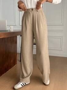 SHEIN Frenchy 女士休闲百搭简约直筒裤 - 杏色 - 查看 5