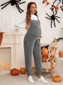 SHEIN 孕妇女士羊毛连体裤，带口袋和纽扣，纯色万圣节连体裤，适合冬季 - 灰色 - 查看 3