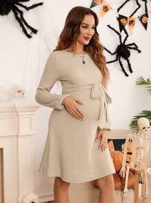 SHEIN 孕妇万圣节服装女式纯色长袖针织圆领连衣裙配腰带 - 杏色 - 查看 4