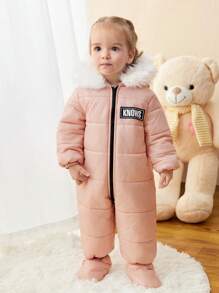 SHEIN Bộ đồ liền thân có mũ trùm đầu cho bé gái, bộ đồ liền thân dài tay màu hồng lót giữ nhiệt in chữ, thích hợp cho hoạt động ngoài trời, trượt tuyết và các dịp khác - Hồng - Xem 5