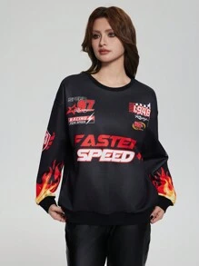 SHEIN Explorewe 2 件套青少年女孩深色休闲火焰字母印花运动衫和 PU 皮革紧身喇叭裤套装 - 黑色 - 查看 3