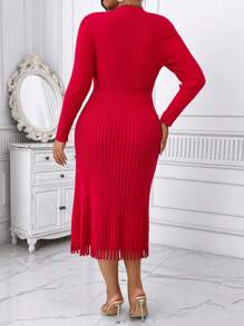 Celure Vestido suéter largo de manga larga con cuello redondo, cintura plisada y ajuste elegante de unicolor para mujeres de talla grande, para ropa de Año Nuevo