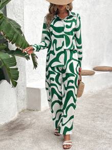 Breezaya Women's Wave Print Shirt Top And Wide Leg Pants Casual Set