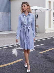 Aveloria Rosie Vestido camisero de manga larga a la rodilla con cuello bordado a rayas, con cinturón en la cintura, vestido de verano para maestras