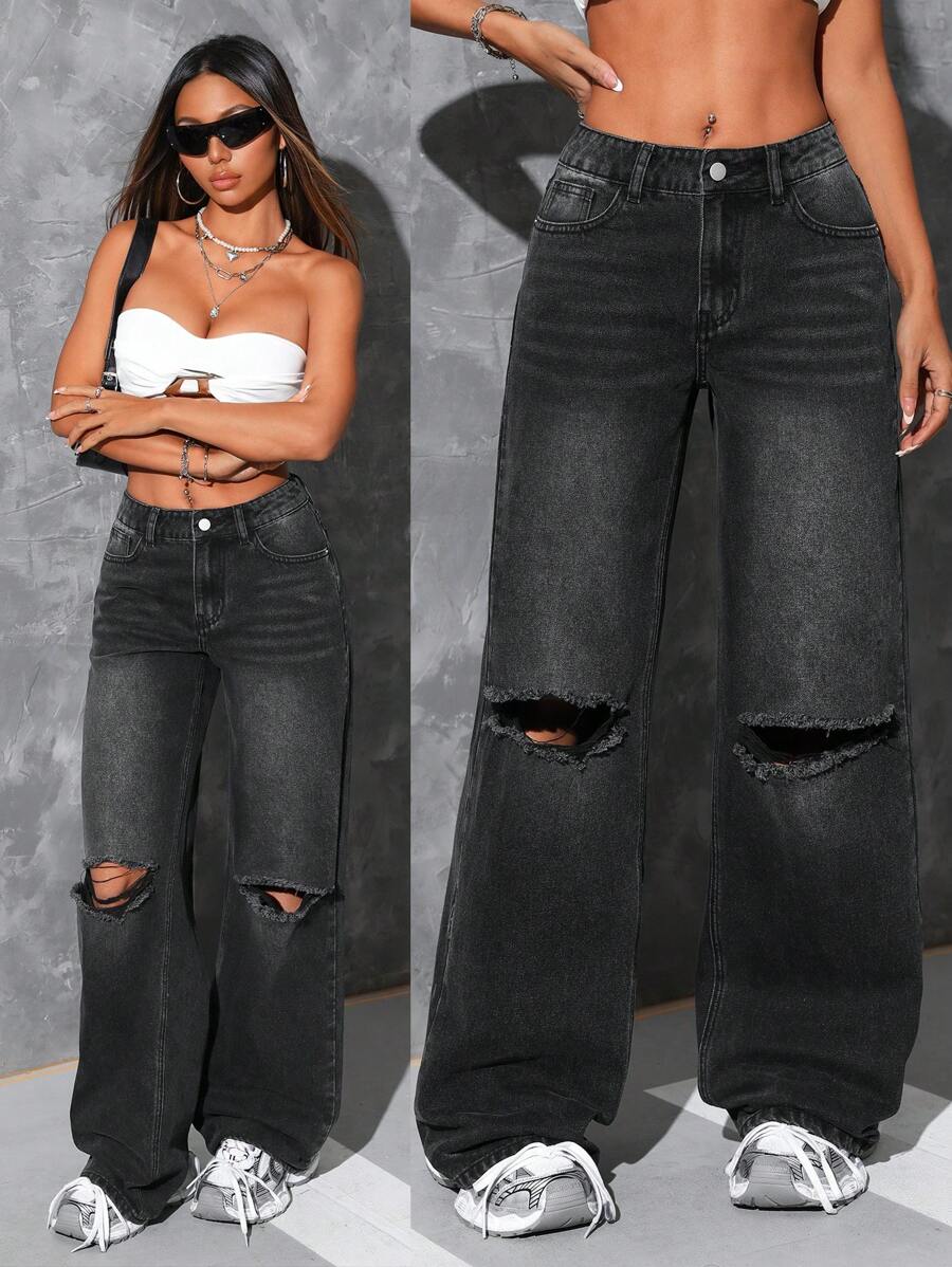 SHEIN ICON 女式口袋破洞阔腿宽松休闲百搭牛仔裤