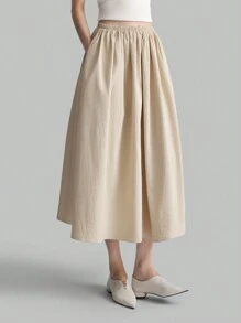 Ontre Women 2025 Spring New Elastic Waist Daily Versatile Long A-Line Skirt In Apricot Dark Striped Fabric - Apricot - View 6