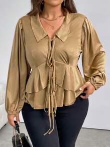 SHEIN Privé Plus Size Elegant Office Lady Academic Style Vintage Autumn Long Sleeve Shirt Collar Bow Tie Layered Ruffle Trim Jacket