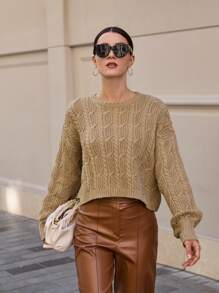 SHEIN Cottnline Simple Solid Crew Neck Long Sleeve Twist Patterned Pullover - Khaki - View 4