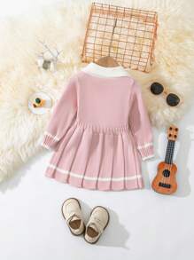 女婴粗针织褶皱连衣裙，翻领，粉色和白色，柔软面料，休闲学校假日装 - 粉色 - 查看 2