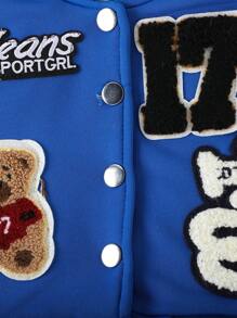 男婴字母与泰迪熊印花长袖休闲棒球夹克，春秋 - 藍色 - 查看 5