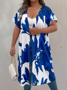 SHEIN LUNE Plus Size Allover Print Short Sleeve Long Casual Outerwear - Multicolor - View 5