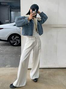 DAZY Women's Front Button Long Sleeve Pocket Simple Casual Denim Jacket - Blue - View 2