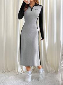 SHEIN EZwear Damen Polokragen Farbkontrast Patchwork Knopfleiste Langarm Buchstaben Muster Kleid - Verschiedenfarbig - Übersicht 1