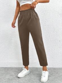 SHEIN PETITE Solid Elastic Waist Cropped Pants