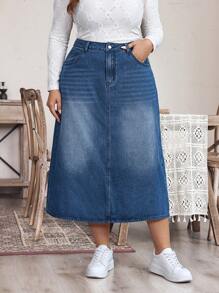 EMERY ROSE Falda vaquera holgada casual con botones frontales y bolsillos para tallas grandes - Azul lavado medio - Ver 2