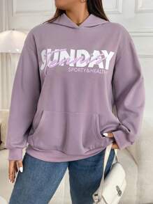 Mulvari Plus Size Letter Printed Pocket Design Casual Sweatshirt - Dusty Purple - View 4