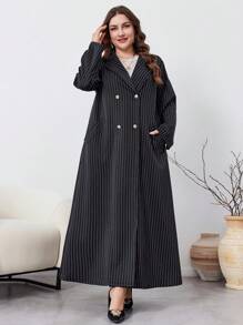 Al Najma Plus Size Arabian Striped Double-Breasted Long Casual Modest Long Sleeve Dress, Spring Autumn Abayas - Black - View 6
