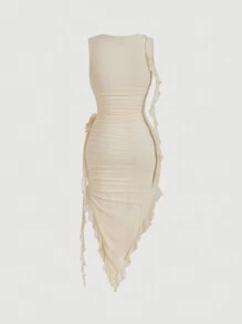 SHEIN MOD 大码黑色花卉印花不对称下摆无袖紧身连衣裙 - 杏色 - 查看 2