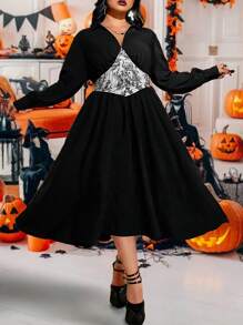 Flirla Plus Size V-Neck Long Sleeve Colorblock Design Elegant Casual Dress, Black Halloween Dress Fall Cloth For Women - Multicolor - View 6