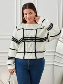 RueChic Plus Relaxed Fit Checked And Cable Knit Designed Sweater - Black and White - View 4