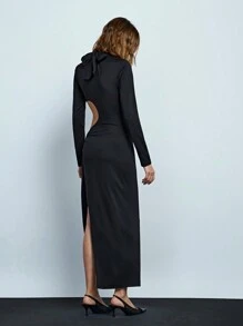 Maija Women's Sexy Black Solid Stand Collar Backless Slit Maxi Knitted Dress For Autumn