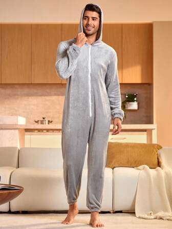Heren minimalistische casual jumpsuit met lange mouwen en ritssluiting aan de voorkant