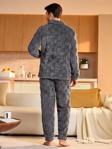2 pièces Ensemble de pyjama homme avec chemise à manches longues et boutons devant et pantalon, couleur unie - Gris foncé - Voir 2