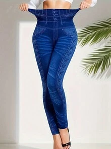 Women's Fashion Casual Sports Leggings With Blue Side High Waist Drawstring Pattern Print Denim Effect Slim-Fit High Stretch Soft Comfortable For Home Exercise Yoga Fitness Outdoor Activities Travel Walking - Blue - View 5