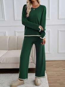 GAOVOT Women's Sweater Two Pieces Simple Loose Casual Color Contrast Round Neck Long Sleeve Sweater And Loose Wide Leg Straight Pant Suit - Green - View 7