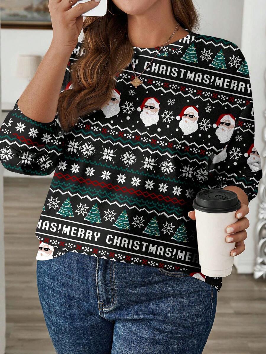 SHEIN LUNE Plus Size Women's Casual Crew Neck Long Sleeve Christmas Sweatshirt In Fall/Winter - Black - View 1