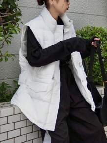 FRIFUL 立领抽绳腰无袖纯色加厚棉服女士夹克冬季背心 - 白色 - 查看 2