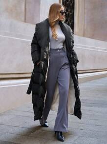 EURMUSE Fashionable Solid Long Belted Padded Coat