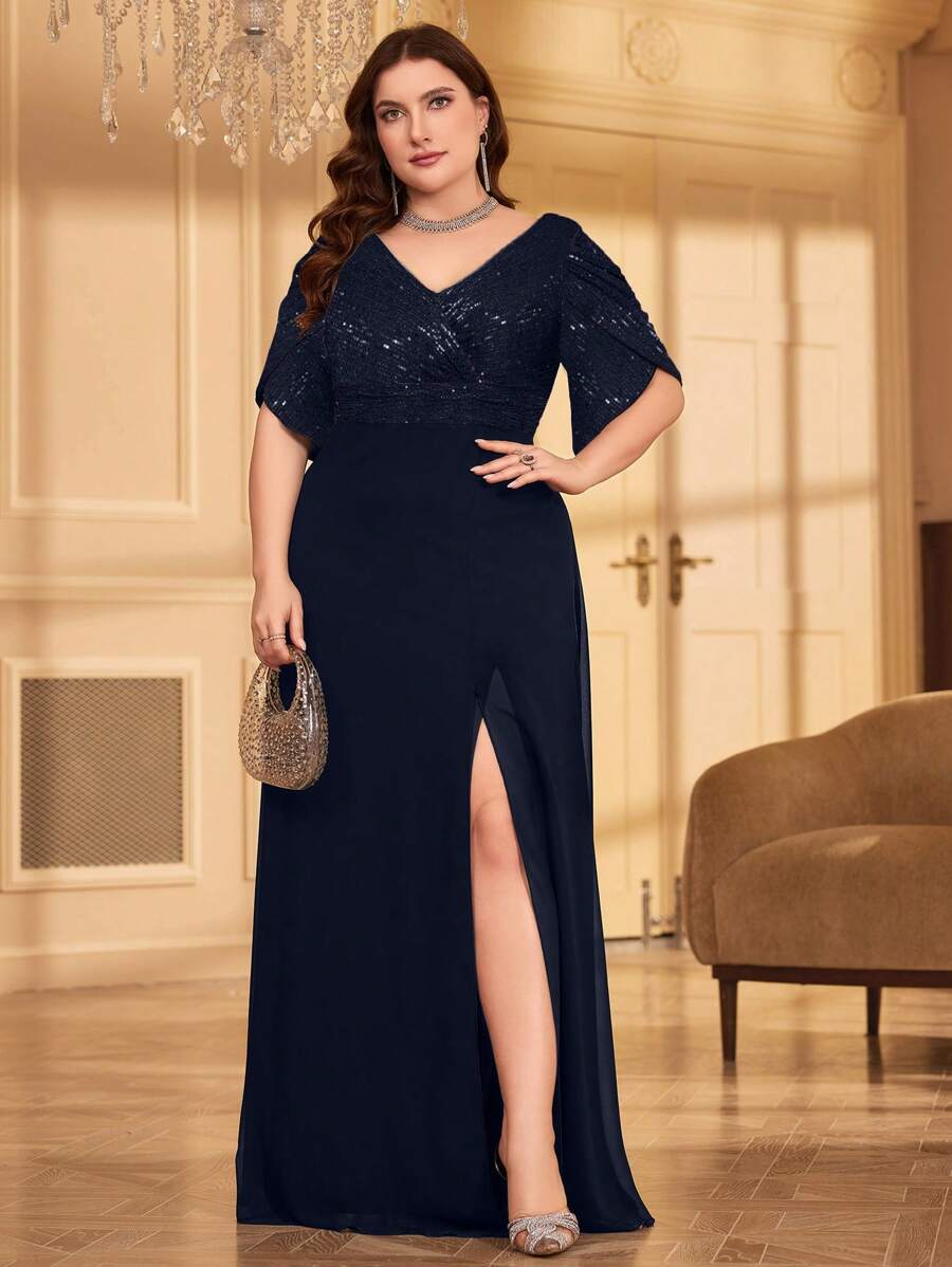 UNITHORSE 加大码亮片拼接雪纺礼服黑色优雅舞会晚会婚礼宾客礼服，适合毕业典礼、晚宴派对礼服、新娘礼服、生日女士服装 - 藏蓝色 - 查看 1