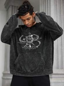 Manfinity EMRG Men's Casual Slogan Print Hoodie, Spring Autumn - Black - View 1