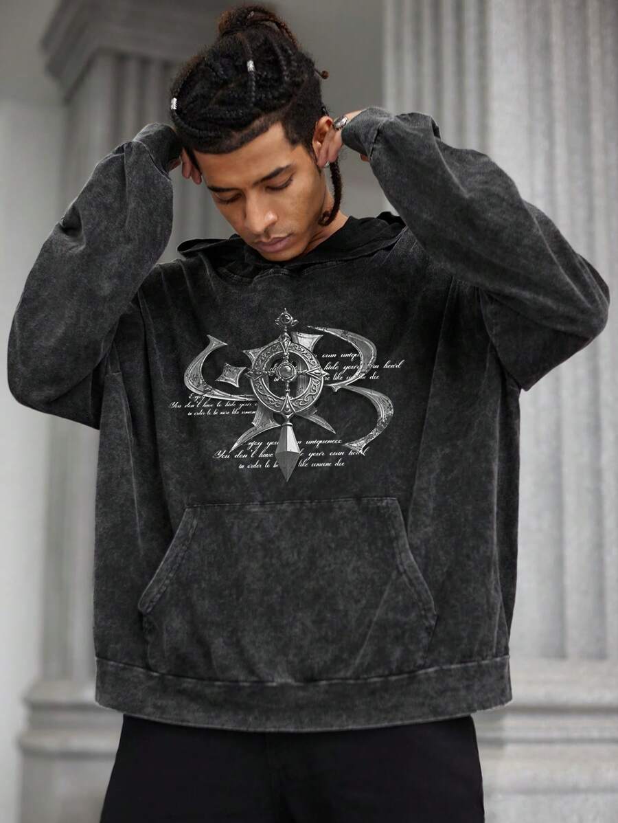 Manfinity EMRG Men's Casual Slogan Print Hoodie, Spring Autumn - Black - View 1