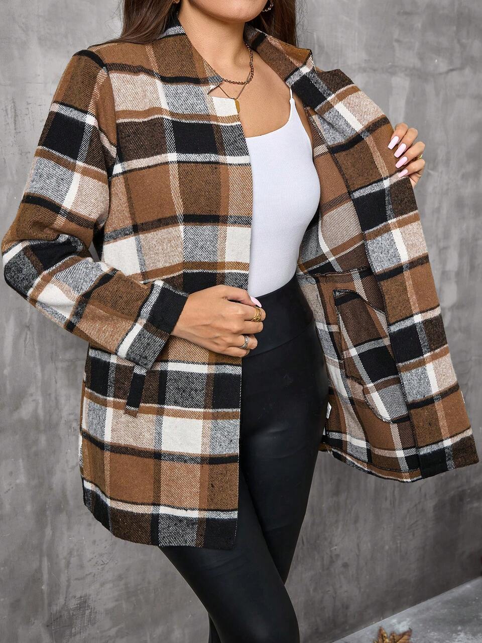 Plus Size Casual Plaid Blazer Jacket,Fall Women Clothes