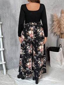 SHEIN VCAY Plus Size Autumn Winter Fashion New Arrival, French Style Contrast Floral Print Jumpsuit, Fashion , Knit, Woven, Party, Back To School - Multicolor - View 2