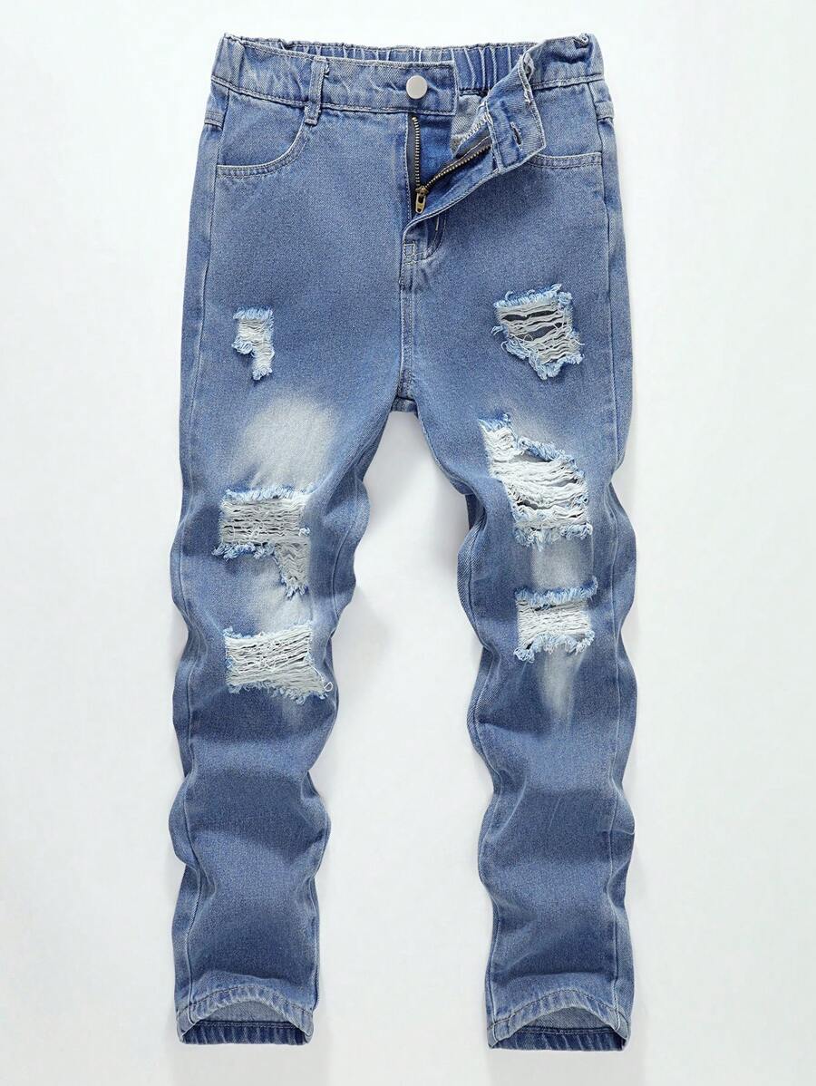 Tween Boys Ripped Casual Denim Jeans, Street Style Minimalist Design, Suitable For Spring And Autumn - Light Wash - View 1