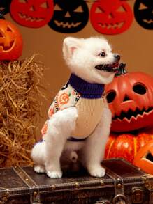 PETSIN 1pc Pet Cute Fall Halloween Pumpkin Skull Pattern Warm Fashionable Apricot Knitted Sweater - Multicolor - View 4