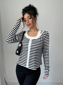 Chiquease Women's Long Sleeve Button-Design Casual Striped T-Shirt, Spring And Autumn