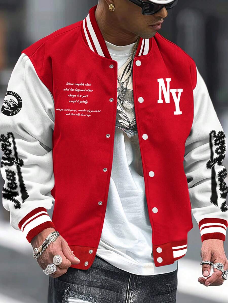 Manfinity LEGND Men's Solid Color Patchwork Front Button Long Sleeve Letter Print Casual Baseball Jacket, Red Varsity Jacket, New York Baseball Jacket, Red And White Baseball Jacket, For Fall