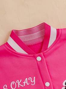 SHEIN 青少年女孩校队夹克，配色袖子和褶皱迷你裙休闲套装 - 玫紅色 - 查看 7