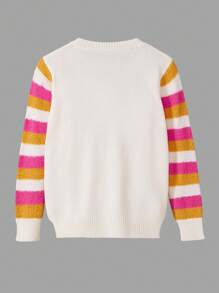 Suéter de niñas con  de color gruesos, patrón de corazón a rayas, apropiado para salidas y fiestas, nueva llegada de otoño/invierno - Blanco - Ver 6