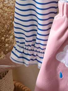 Baby Mädchen Set aus Langarm Top mit Regenbogen Stickerei, gestreift und Lätzchen Kleid - Pink - Übersicht 5