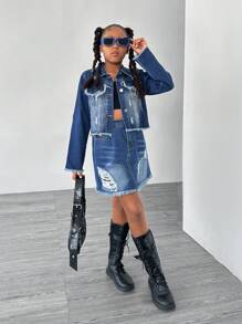 SHEIN Explorewe Tween Girls Long Sleeve Top And Denim Skirt 2-Piece Set - Medium Wash - View 5