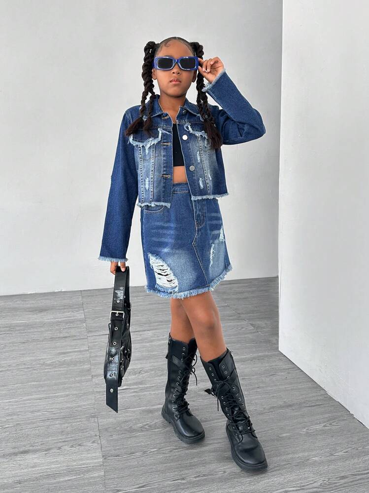 SHEIN Explorewe Bộ 2 món áo dài tay và váy denim cho bé gái Tween - Rửa trung bình - Xem 5