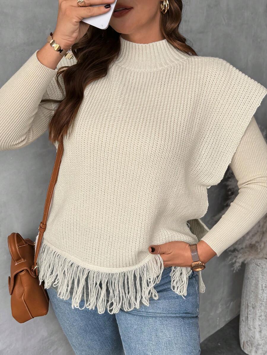SHEIN LUNE Plus Size Women Stand Collar Loose Fringe Hem Knit Sweater Vest, Autumn/Winter, Country Western Style