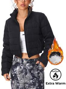 SHEIN EZwear 女士时尚休闲羽绒短外套 - 黑色 - 查看 2