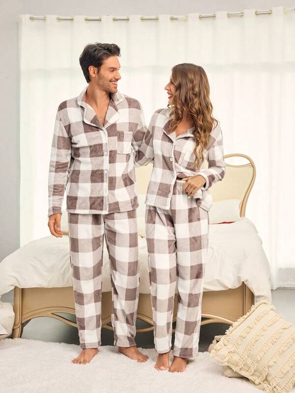 SHEIN 2pcs Women's Khaki Plaid Pattern Soft Fleece Long Sleeve Top And Pants Loungewear Set