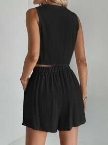 SHEIN Tall Solid Color Casual Vest Shorts Suit - Black - View 2